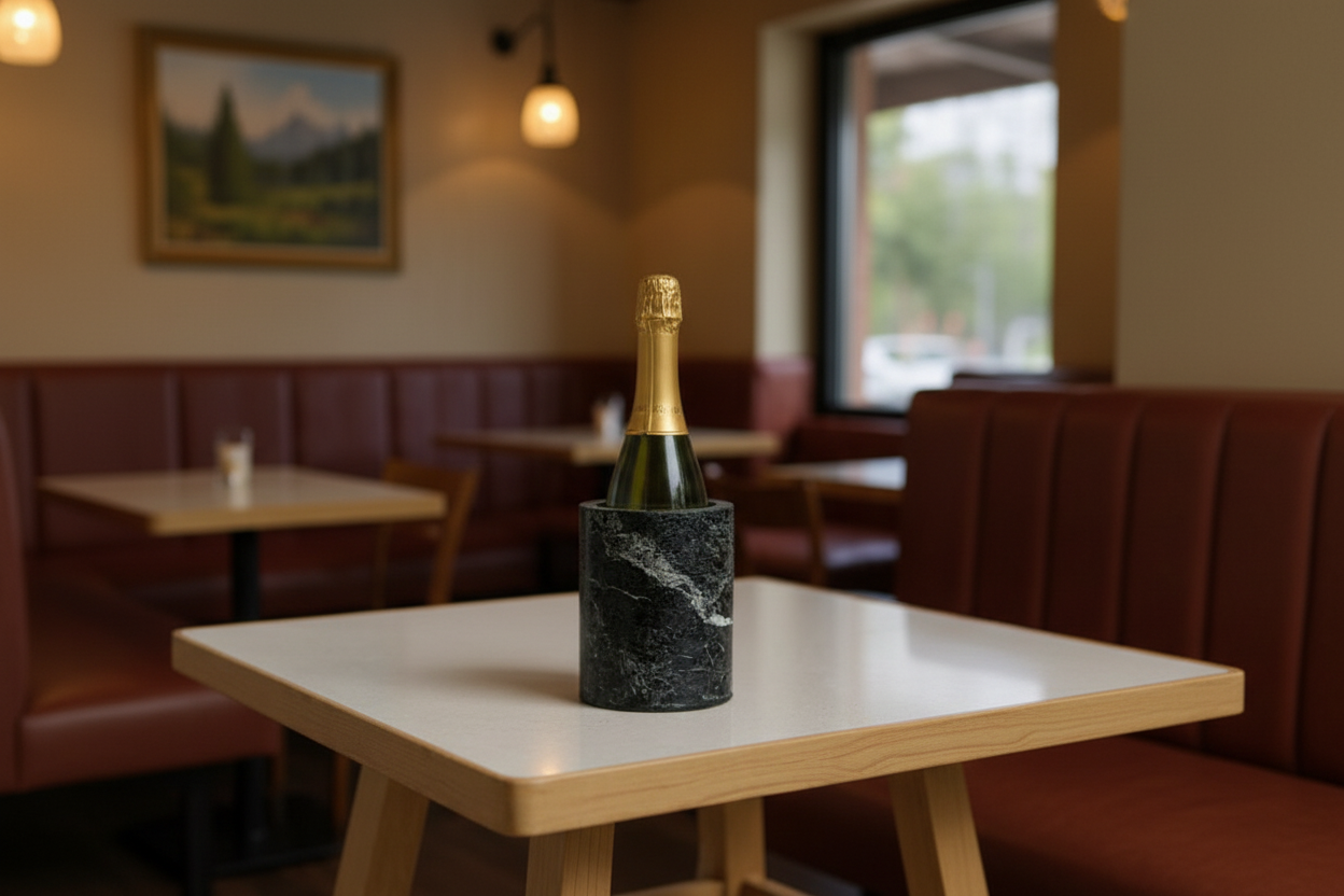 Dry Label™ Stone Cuve. Solid, Thick Marble Walls. Keep Fine Bottled Whites and Champagnes Chilled. No Ice•No Melt•No Mess! Clean. Dry Label.