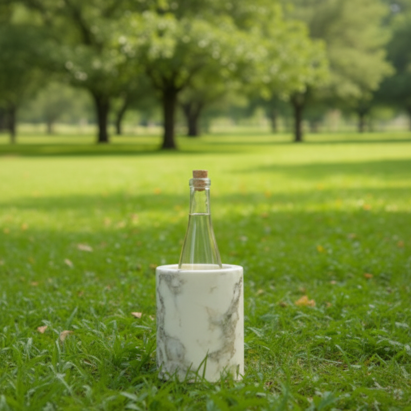 Dry Label™ Stone Cuve. Solid, Thick Marble Walls. Keep Fine Bottled Whites and Champagnes Chilled. No Ice•No Melt•No Mess! Clean. Dry Label.