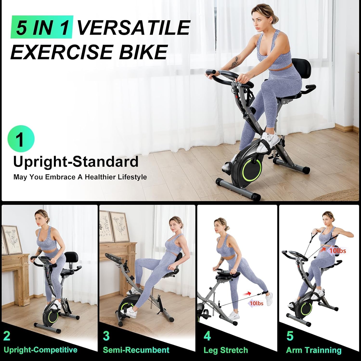Foldable Exercise Bike Stationary Bikes for Home, 5 in 1 Indoor Workout Bike, Cycling Bike with 16-Level Quiet Magnetic Resistance, 6.6 LBS Flywheel and 300LBS Capacity for Senior and Home Workout
