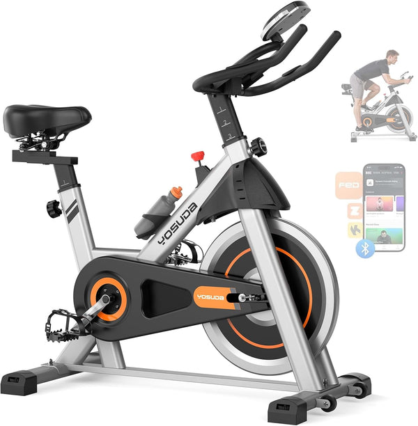 Exercise Bike, Brake Pad Stationary Bike for Home with Exclusive App, Magnetic Indoor Cycling Bike with 300 Lb Weight Capacity, Low Noise, Tablet Holder and Fitness Courses for Weight Loss