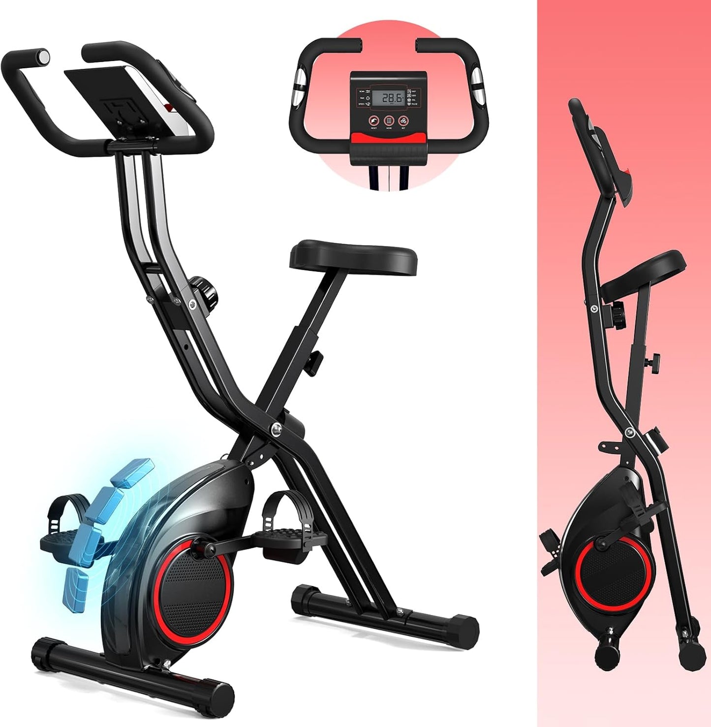 Foldable Exercise Bike Stationary Bikes for Home, 5 in 1 Indoor Workout Bike, Cycling Bike with 16-Level Quiet Magnetic Resistance, 6.6 LBS Flywheel and 300LBS Capacity for Senior and Home Workout
