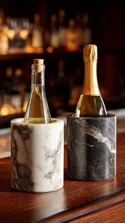 Dry Label™  Stone Cuve. Solid, Thick Marble Walls. Keep Fine Bottled Whites and Champagnes Chilled. No Ice•No Melt•No Mess! Clean. Dry Label.