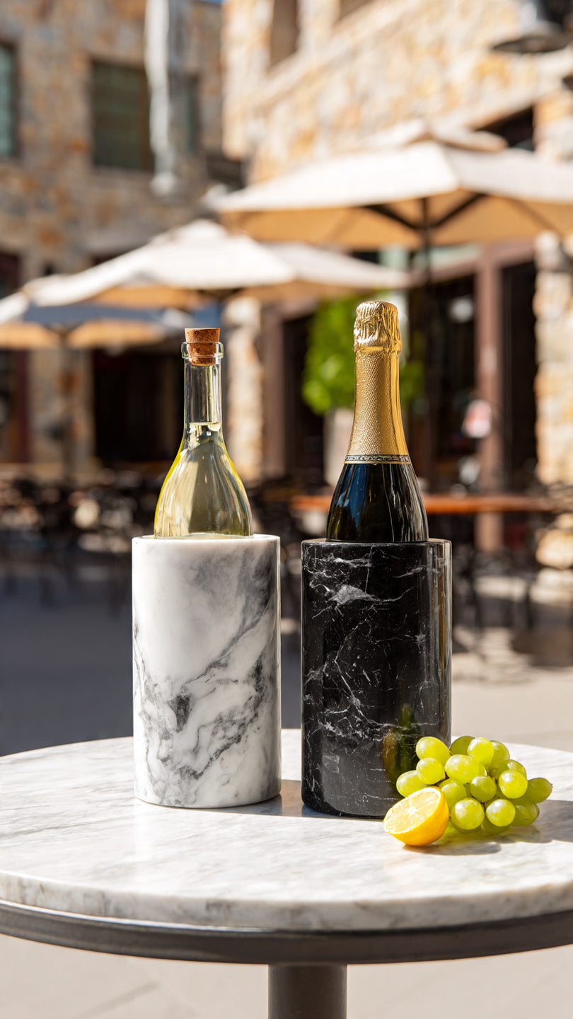 Dry Label™  Stone Cuve. Solid, Thick Marble Walls. Keep Fine Bottled Whites and Champagnes Chilled. No Ice•No Melt•No Mess! Clean. Dry Label.