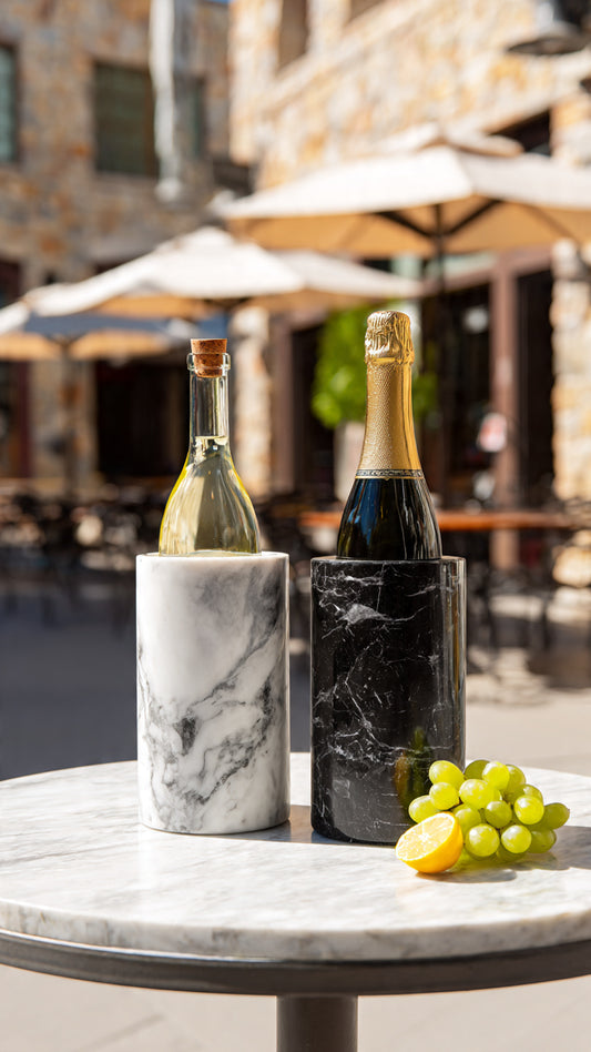 Dry Label™  Stone Cuve. Solid, Thick Marble Walls. Keep Fine Bottled Whites and Champagnes Chilled. No Ice•No Melt•No Mess! Clean. Dry Label.