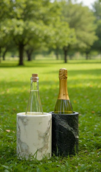 Dry Label™  Stone Cuve. Solid, Thick Marble Walls. Keep Fine Bottled Whites and Champagnes Chilled. No Ice•No Melt•No Mess! Clean. Dry Label.