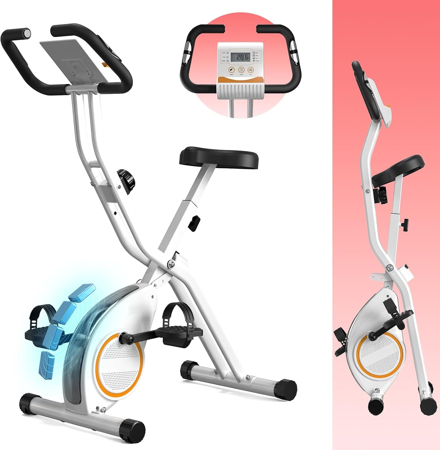 Foldable Exercise Bike Stationary Bikes for Home, 5 in 1 Indoor Workout Bike, Cycling Bike with 16-Level Quiet Magnetic Resistance, 6.6 LBS Flywheel and 300LBS Capacity for Senior and Home Workout