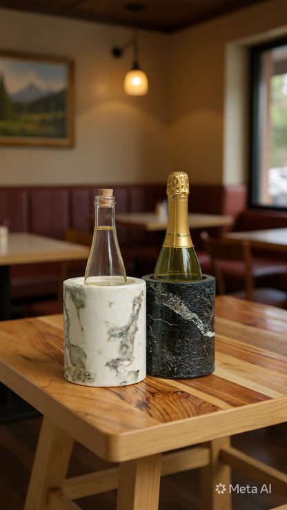Dry Label™  Stone Cuve. Solid, Thick Marble Walls. Keep Fine Bottled Whites and Champagnes Chilled. No Ice•No Melt•No Mess! Clean. Dry Label.