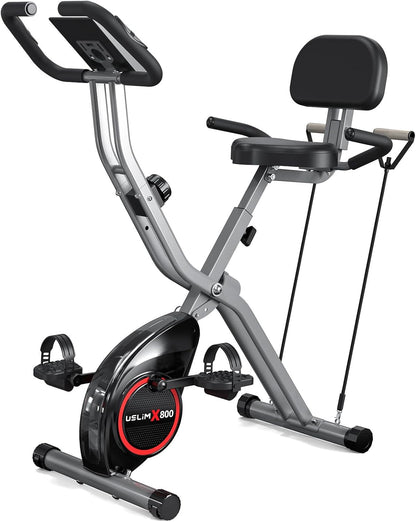 Foldable Exercise Bike Stationary Bikes for Home, 5 in 1 Indoor Workout Bike, Cycling Bike with 16-Level Quiet Magnetic Resistance, 6.6 LBS Flywheel and 300LBS Capacity for Senior and Home Workout